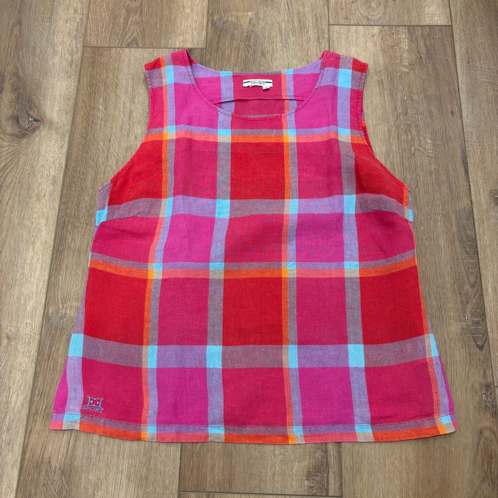 Vtg! 90s Escada Sport Madras Plaid Linen Shell Tank Top Pink Sz 38 Or S